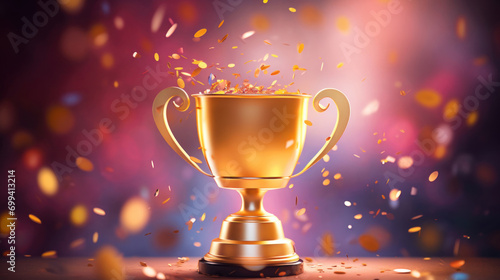 A stunning golden trophy overflows with sparkling confetti, set against a vivid background, epitomizing a grand celebration.