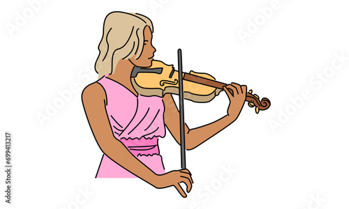 line art color of female violinist performing to play violin