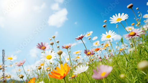 Vibrant wildflowers stretch towards the sky on a sunny day, with a dynamic range of colors and stages of bloom.