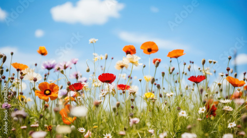 A field of mixed wildflowers  including poppies and daisies  set against a clear blue summer sky  evokes a feeling of freedom and growth.