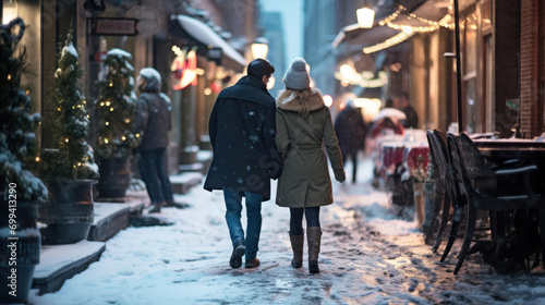 A couple walks closely together, sharing warmth on a romantic snowy winter evening with festive street lights.