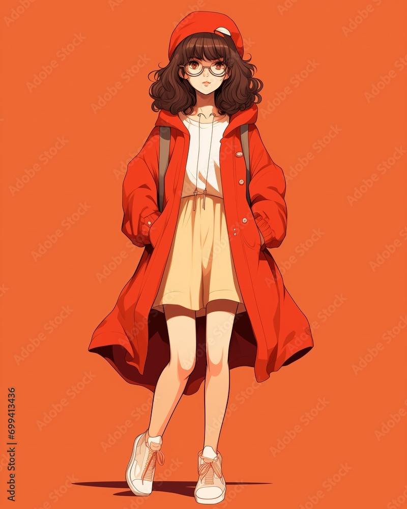 Fashionable girl in red coat and hat