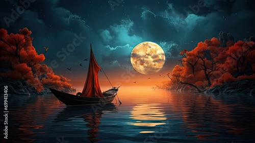 boat in the water under the moon in the night