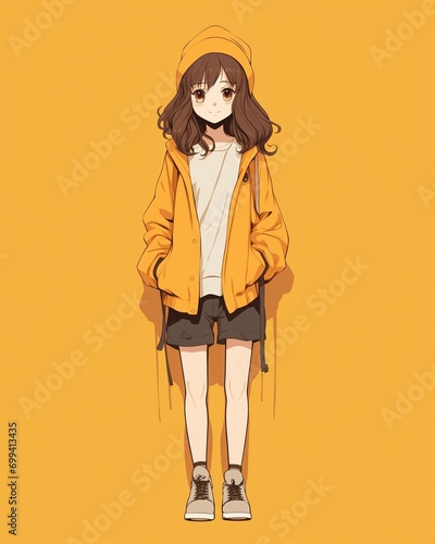 Illustration of ashionable girl in a yellow jacket and shorts photo