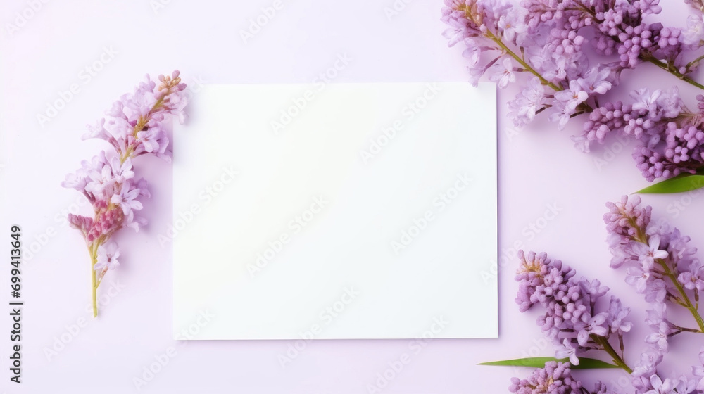Delicate lilac flowers framing a blank white card on a pastel purple background, inviting and soft.