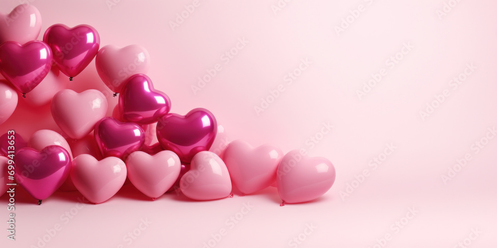 An array of shiny heart-shaped balloons in various pink shades on a romantic backdrop.