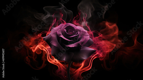 A dark, mystical rose enveloped in swirling red smoke on a black background, invoking a sense of mystery and enchantment.