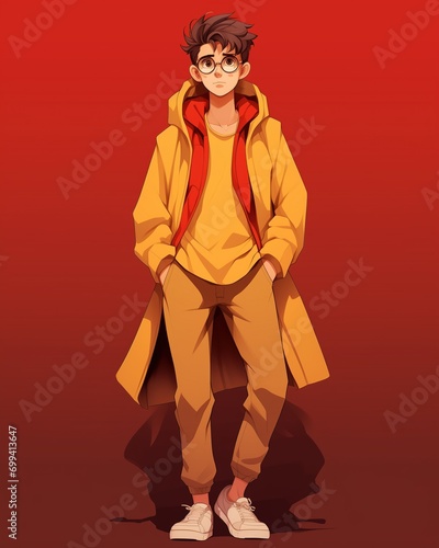 Stylish young man in yellow coat and glasses