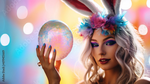 Stylized portrait of a woman in bunny ears and festive makeup holding a sparkly egg.