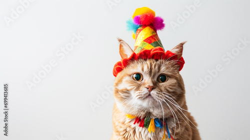 Banner Adorable ginger cat dressed in a festive costume with a clown hat, suitable for fun pet calendars and quirky wall art. AI Generative photo
