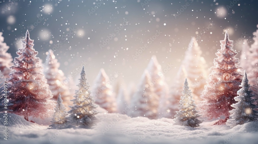 Winter wonderland. Festive christmas tree with bright bokeh lights on snowy seasonal background