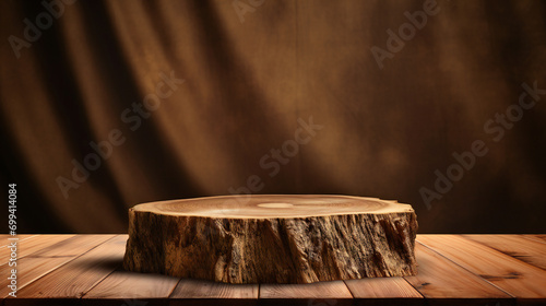 Tree trunk podium on wooden floor with brown curtain background. Can be used for display your product