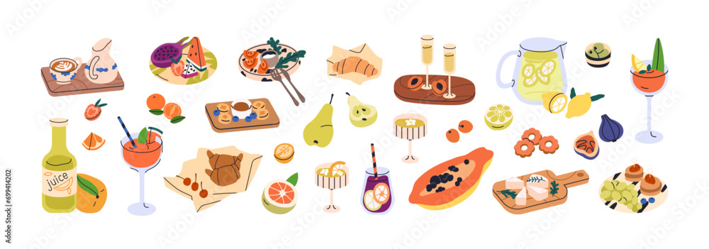 Food and drinks set. Summer picnic snacks, beverages. Fruit, cheese appetizers. Cocktails, lemonades, alcohol in wineglasses, bakery and canape. Flat vector illustrations isolated on white background