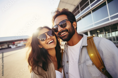 young indian couple taking selfie at the airport photo