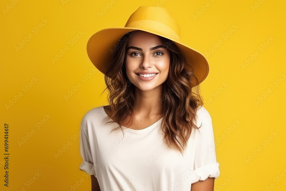 young indian woman wearing hat on yellow background young indian woman wearing hat on yellow background