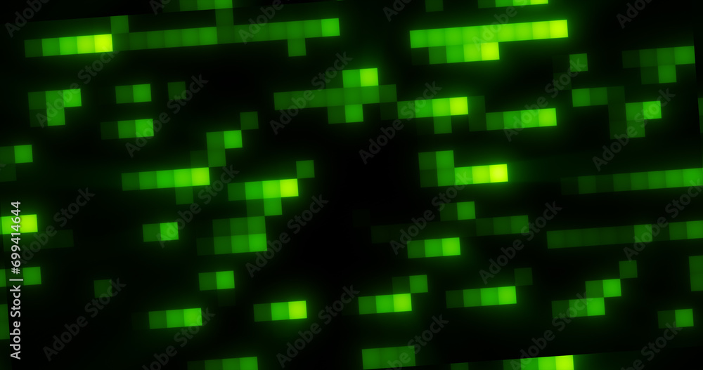Abstract green retro pixel hipster digital background made of moving energy brick squares on a black background