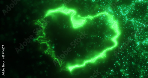 Glowing green fire energy abstract heart made of particles and light for valentines day festive abstract background