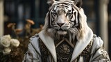 white tiger wearing a coat 