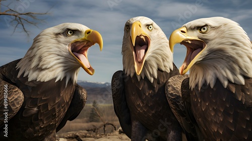 Three bald eagles looking at each other with open mouth photo