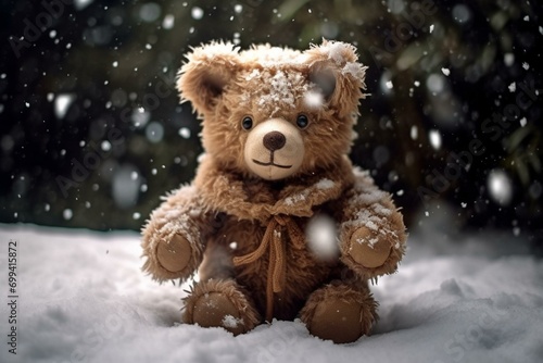 teddy bear covered in snow. Generative AI © Cirilla