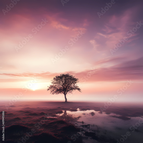 A lone tree in a misty meadow at dawn.
