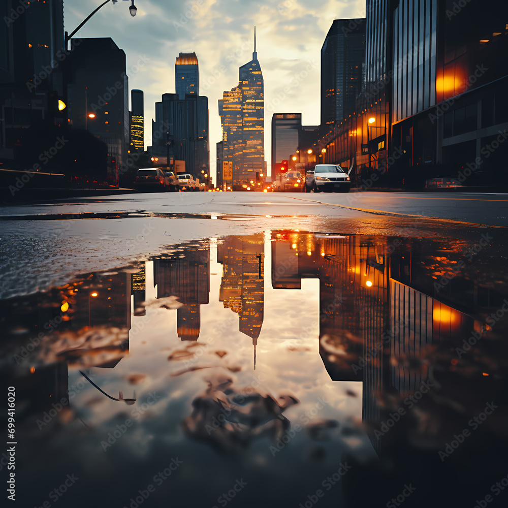 A reflection of a city skyline in a rain puddle.