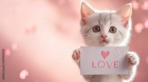 White kitten holding poster with the text 