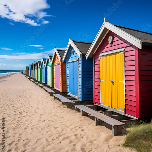 Row of colorful beach huts against a blue sky. © Cao