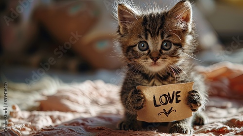 Cute little kitten with blue eyes holds poster with the inscription 