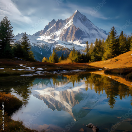 A serene mountain lake reflecting a snow-capped peak.