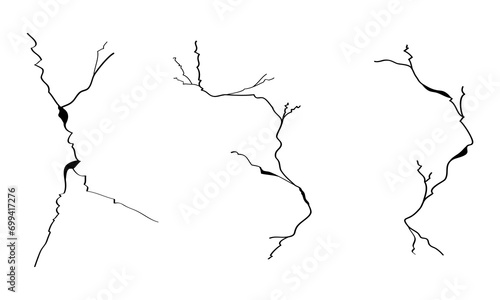 Hand drawn cracked wall, ground, glass, egg. doodle break set. vector illustration