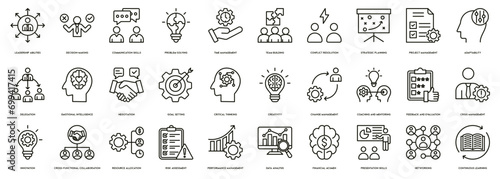 Management Skills icon line set vector illustration. Leadership Abilities, Decision-Making ,Communication Skills, Problem Solving, Team Building, Conflict Resolution, Strategic Planning
