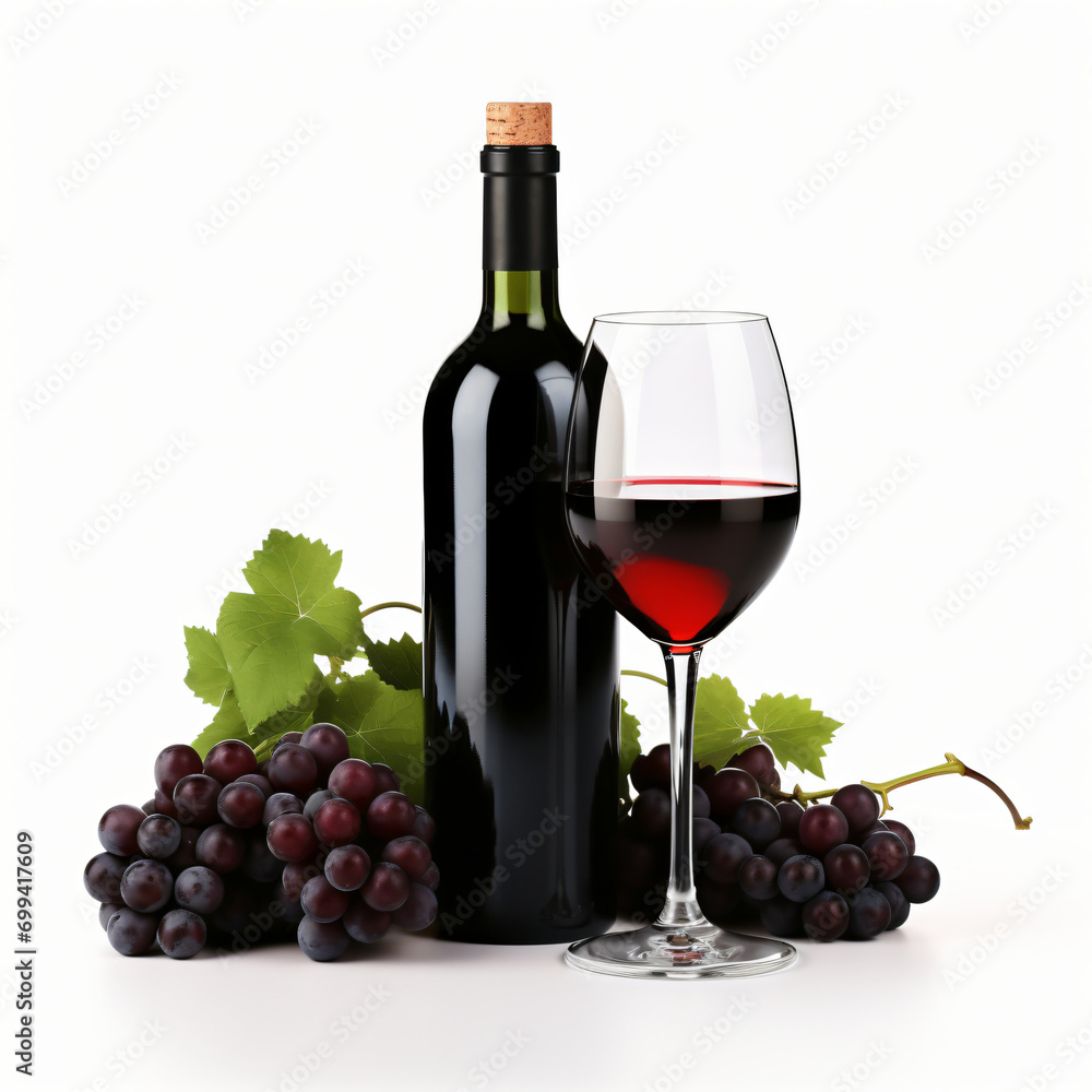 3d render Red wine bottle glasses and grapes isolated generative AI