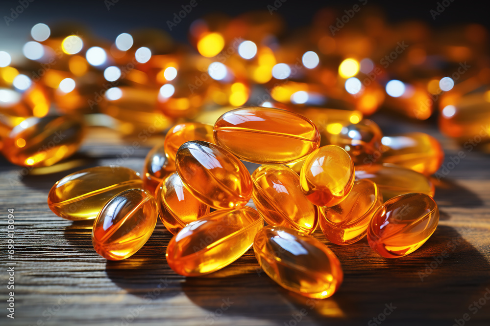 Fish oil capsules on wooden background Fish oil capsules on wooden background
