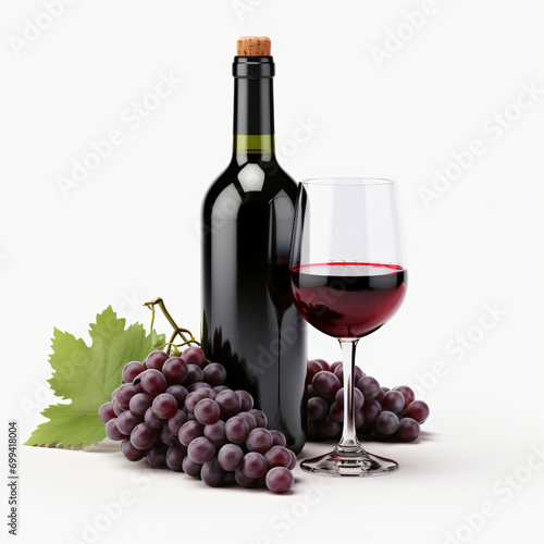 3d render Red wine bottle glasses and grapes isolated generative AI