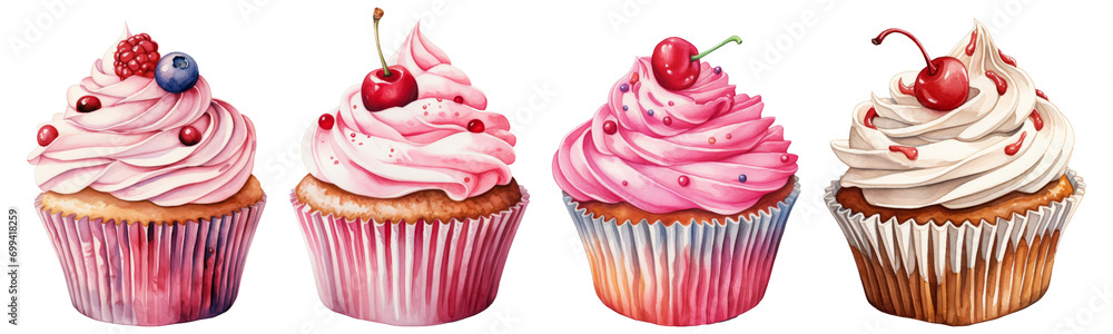 Watercolor set of cupcakes on a transparent background Stock ...