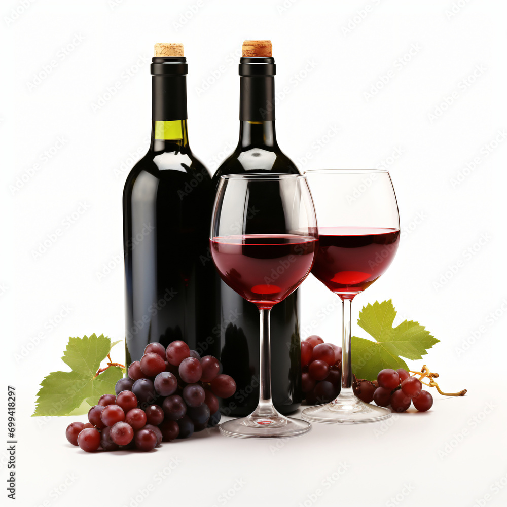 3d render Red wine bottle glasses and grapes isolated generative AI