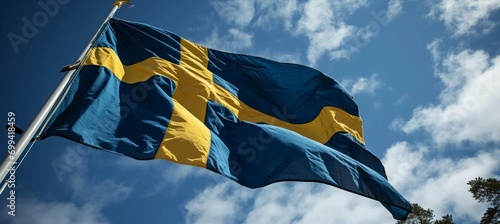 Sweden flag on flag pole. Country independence day concept. Generative AI technology.