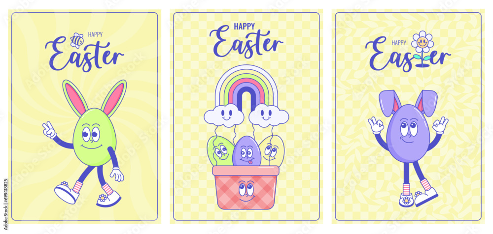 Obraz premium Happy Easter, spring holiday. Retro groovy cartoon characters, elements. Vintage funky mascot poster psychedelic smile, emotion. Comic trendy set cards. Vector illustration 60s 70s 90s style