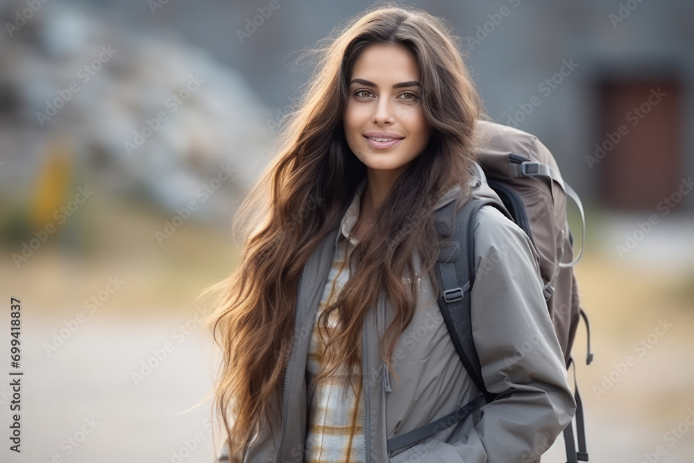 Young and beautiful female traveler with backpack Young and beautiful female traveler with backpack