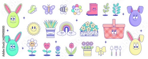 Happy Easter, spring holiday. Retro groovy cartoon character Eggs, Carrot, rabbit ears, elements. Vintage funky mascot patch psychedelic smile, emotion. Comic trendy set stickers. Vector illustration 