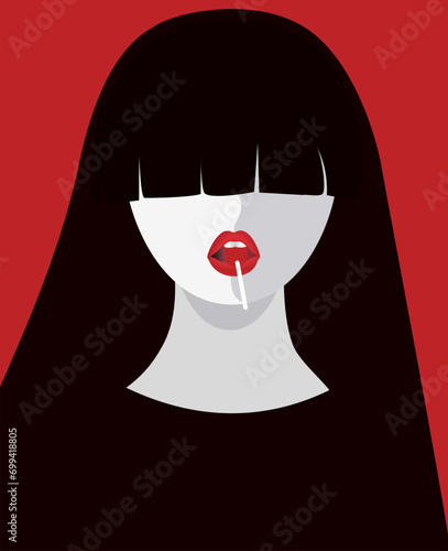 An illustration of a woman with bangs covering half her face, biting into a lollipop, isolated on a red background.