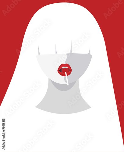 An illustration of a woman with bangs covering half her face, biting into a lollipop, isolated on a red background.