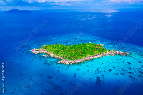 Aerial view of the Similan Islands, Andaman Sea, natural blue waters, tropical sea of Thailand. The islands are shaped like a heart, the beautiful scenery of the island is impressive. 