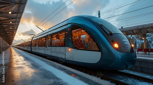  a futuristic sleek train on the railway through city
