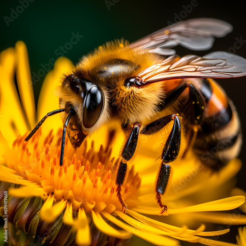 Macro shot of a bee pollinating a flower. © Cao