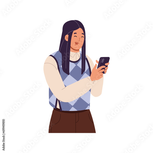 Happy asian girl surfs internet, laughing. Young woman communicate, chat by texting in smartphone. Person scrolling social media by mobile phone. Flat isolated vector illustration on white background