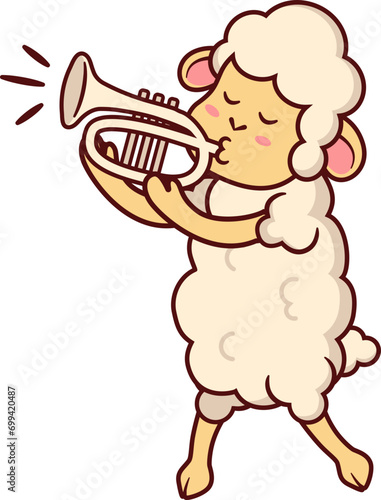 Cute Sheep Playing Tuba Instrument Cartoon Animal Characters photo