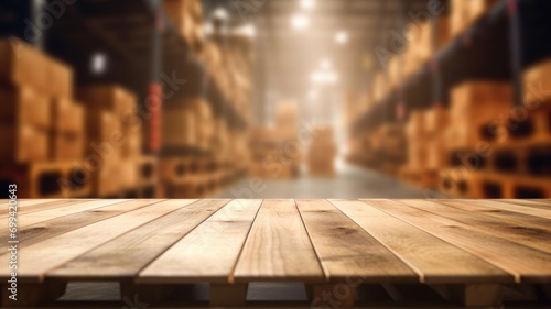 The empty wooden table top with blur background of warehouse storage. Exuberant image. generative AI photo