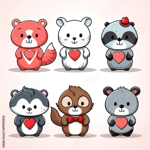 simple cute animals valentines clipart  on a transparent background